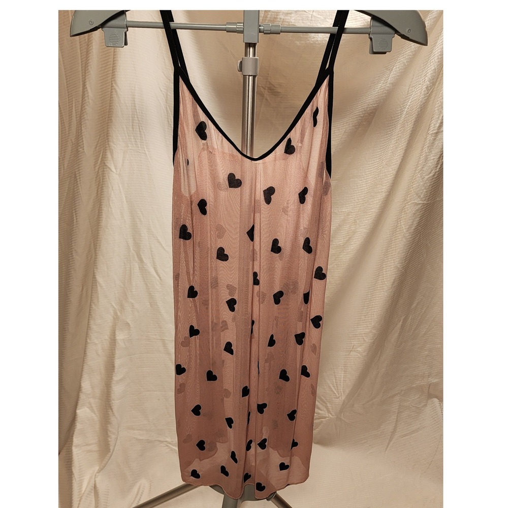Sheer Pink Mesh Flocked Heart Slip Dress Boudoir Chemise Womens L Sexy - Picture 1 of 3